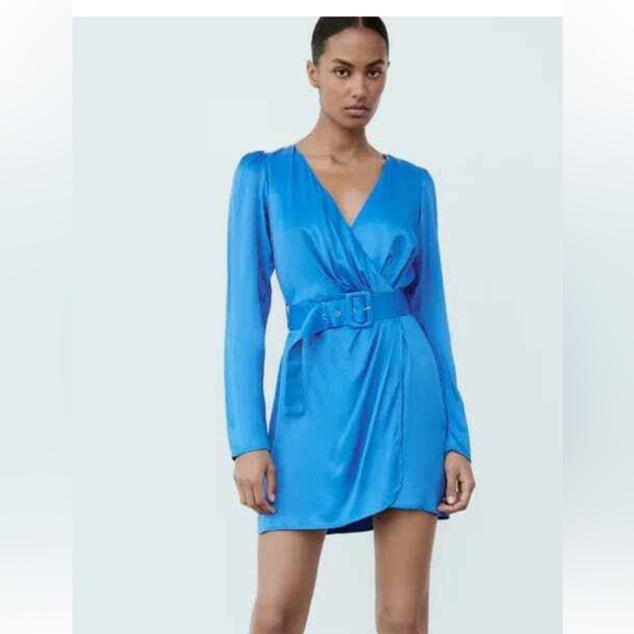 Zara Blue Ruffled Wrap Dress with Puff Sleeves - Picture 5 of 8